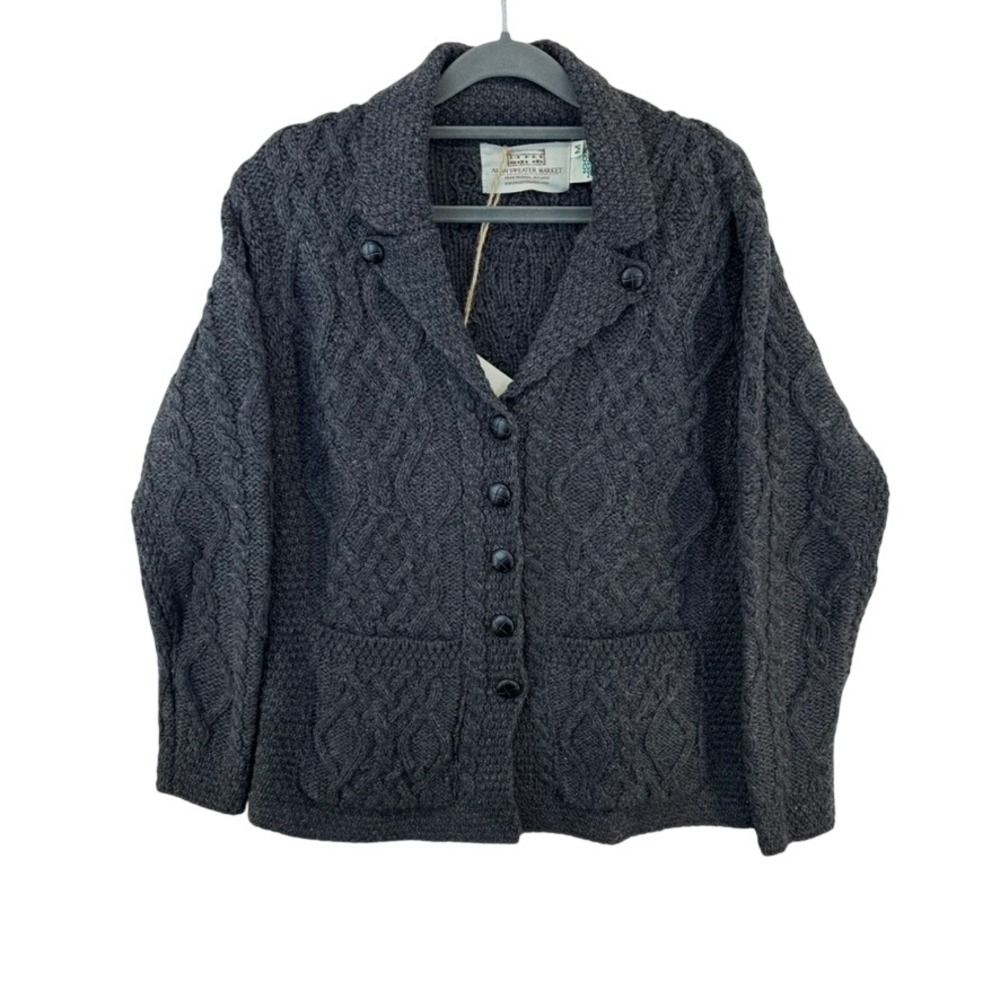 NWT Aran Sweater Womens Medium Charcoal 100% Merino Wool Cable Knit Cardigan